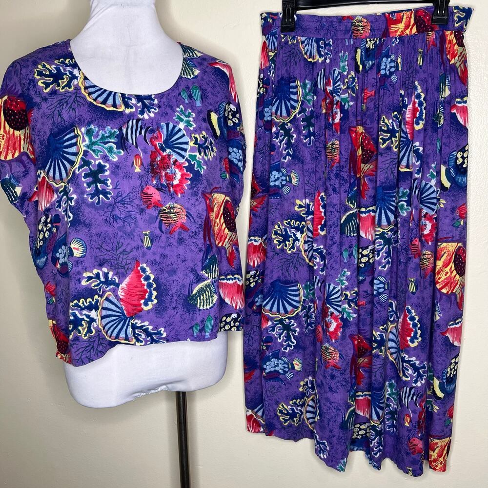 Vintage Adini 2 Piece Set Large Top & Skirt Maxi Fish Purple 70s Beach Resort